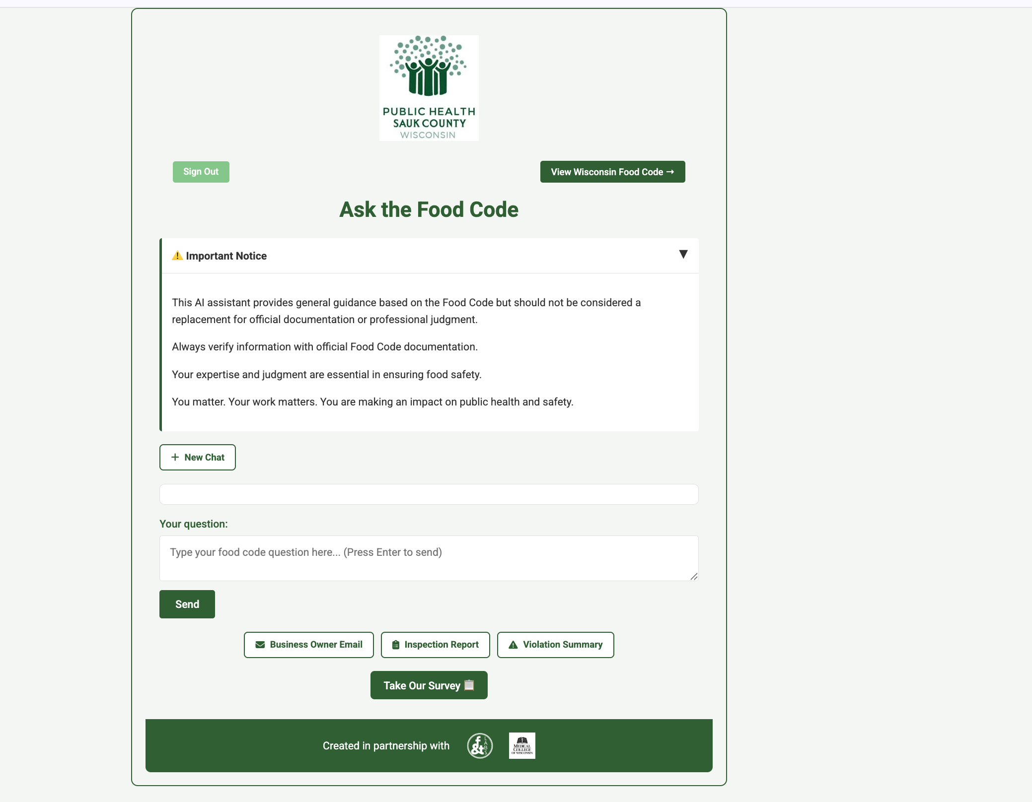 PH360 food code assistant: chat interface answering an inspector's question with a citation